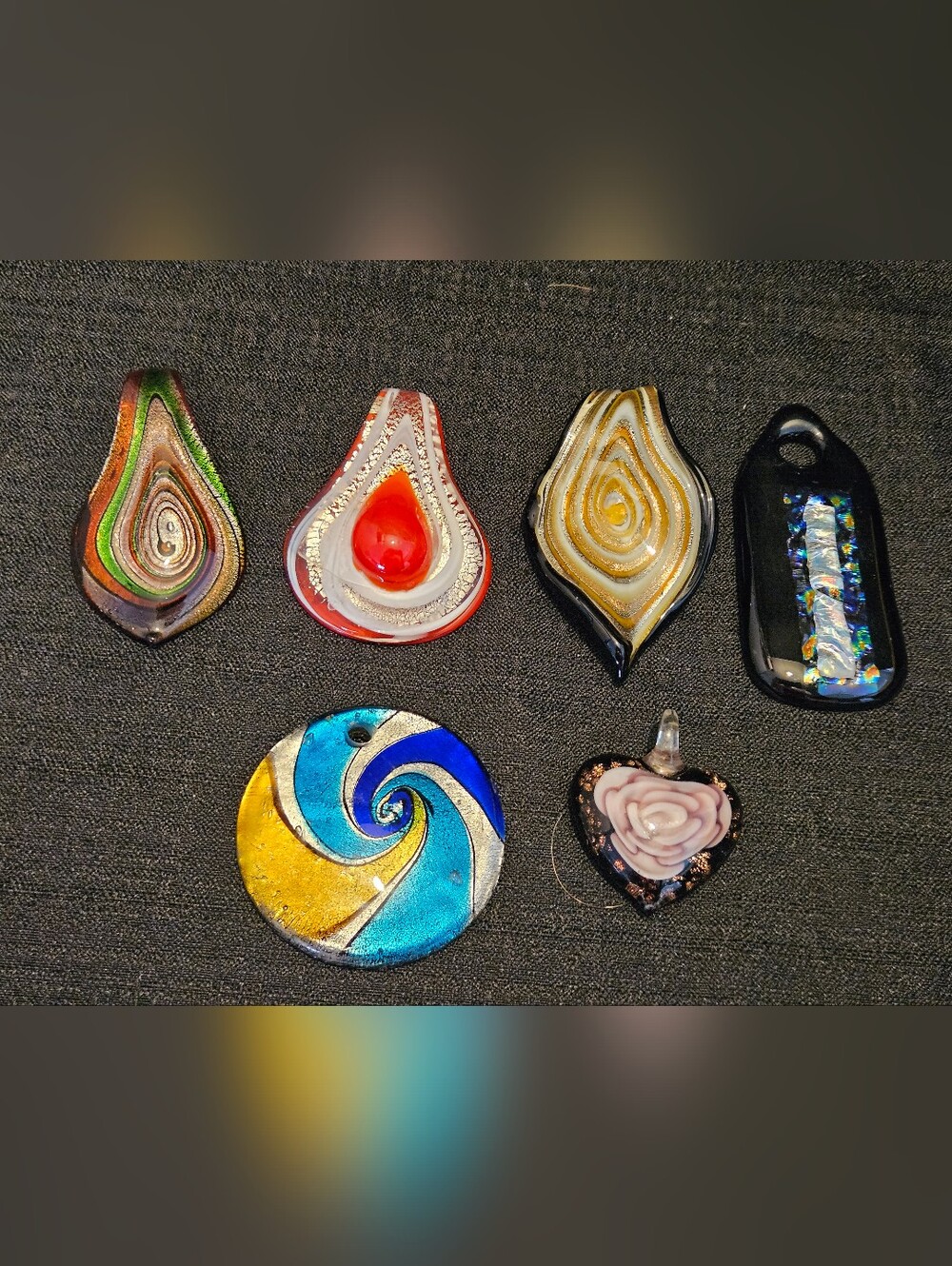 Lot of 6 Modern Art Glass Pendants Murano Style Dichroic Swirl Vortex Heart